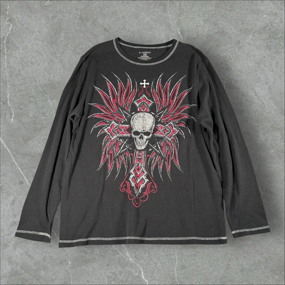Vintage‎ No Boundaries Shirt Mens XL Black Affliction Thermal LS Skull Wings Emo